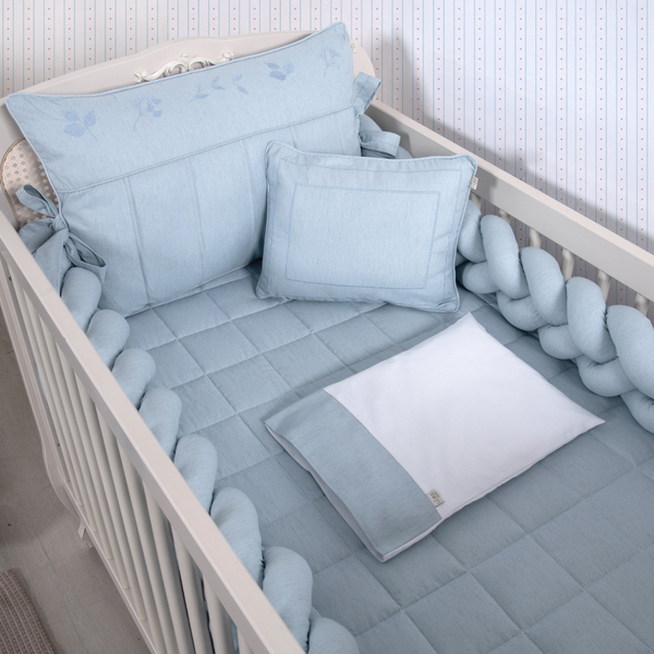 Kit de Berço Trança 07 peças Azul Linho Algodão Poesia Padrão Americano