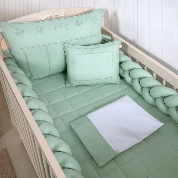 Kit de Berço Trança 07 peças Verde Linho Algodão Poesia Padrão Americano