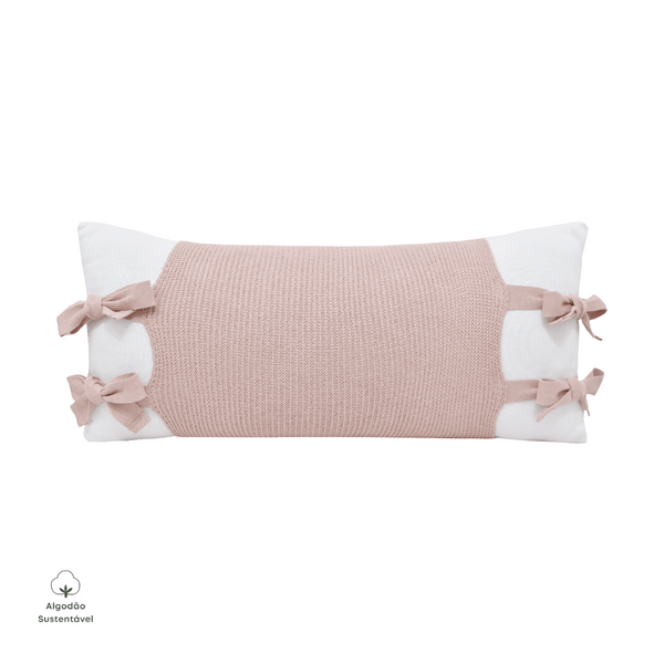 Almofada Decorativa Retangular Meia Malha Branco c/ Avental Fang Rosa Velho Tricot Algodão