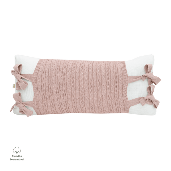 Almofada Decorativa Retangular Meia Malha Branco c/ Avental Lauren Rosa Velho Tricot Algodão